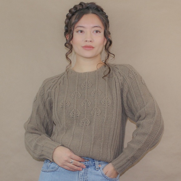 Vintage Sweaters - vtg 80s folk brown knit leaf sweater